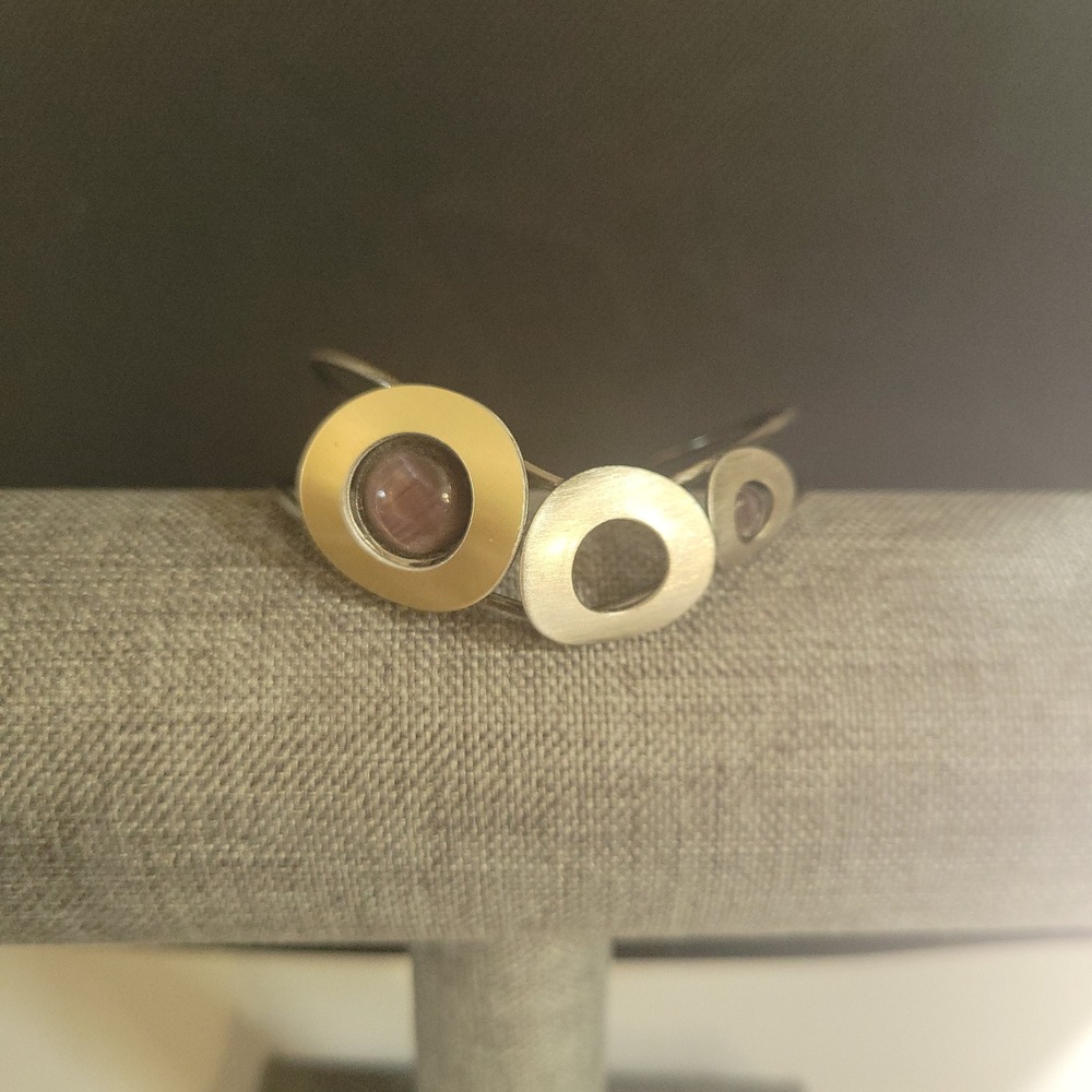 Mixed Metal Geometric Cuff Bracelet Purple Cat Eye‎ Stone Size 7 Artistic